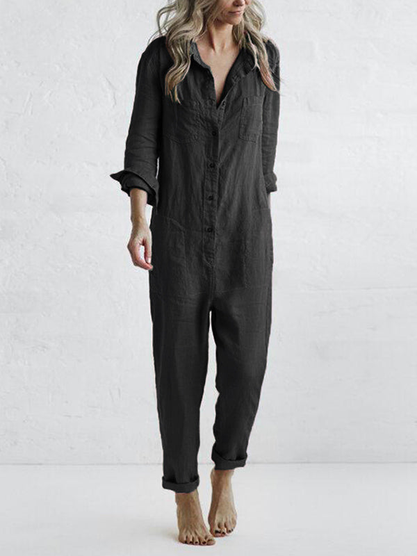 NOUVEAU RICHE Damen Jumpsuit Mit Button Down Langarm Rolllasche In Relaxed Fit Und Geradem Bein Ideal Für Den Alltag Schwarz
