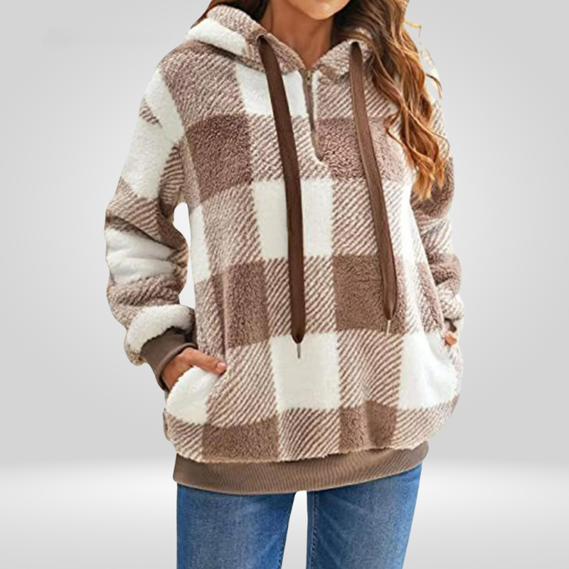 NOUVEAU RICHE Damen Kapuzenpullover Mit Karomuster Bequemer Hoodie Für Freizeitmode Mit Praktischer Kapuze Und Kordelzug Beige