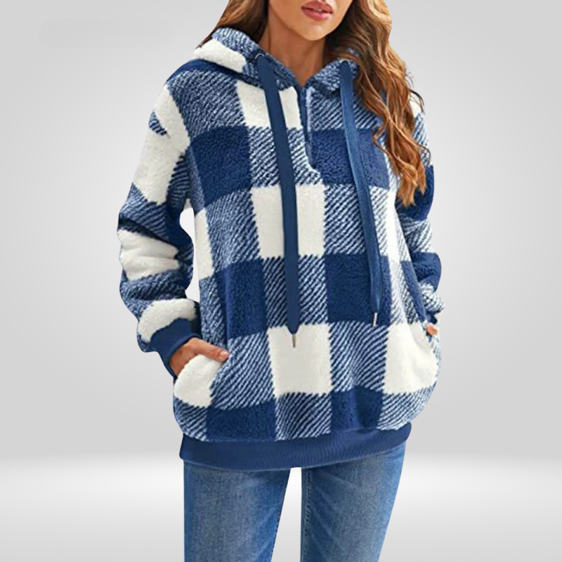 NOUVEAU RICHE Damen Kapuzenpullover Mit Karomuster Bequemer Hoodie Für Freizeitmode Mit Praktischer Kapuze Und Kordelzug Blau