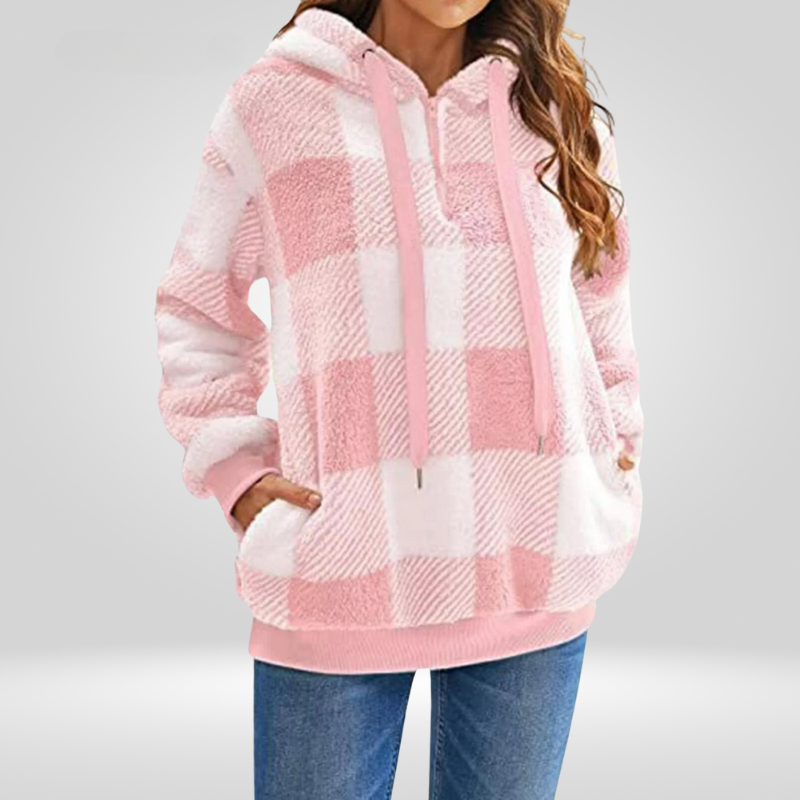 NOUVEAU RICHE Damen Kapuzenpullover Mit Karomuster Bequemer Hoodie Für Freizeitmode Mit Praktischer Kapuze Und Kordelzug Rosa