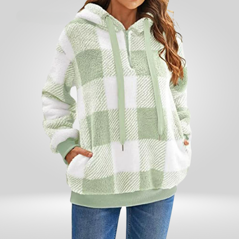 NOUVEAU RICHE Damen Kapuzenpullover Mit Karomuster Bequemer Hoodie Für Freizeitmode Mit Praktischer Kapuze Und Kordelzug Hellgrün