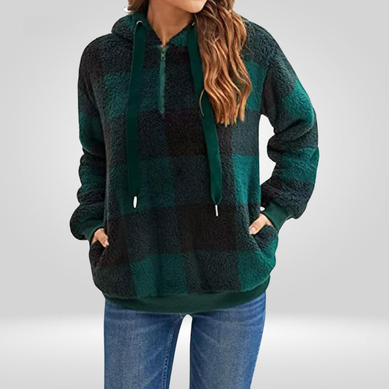 NOUVEAU RICHE Damen Kapuzenpullover Mit Karomuster Bequemer Hoodie Für Freizeitmode Mit Praktischer Kapuze Und Kordelzug Dunkelgrau