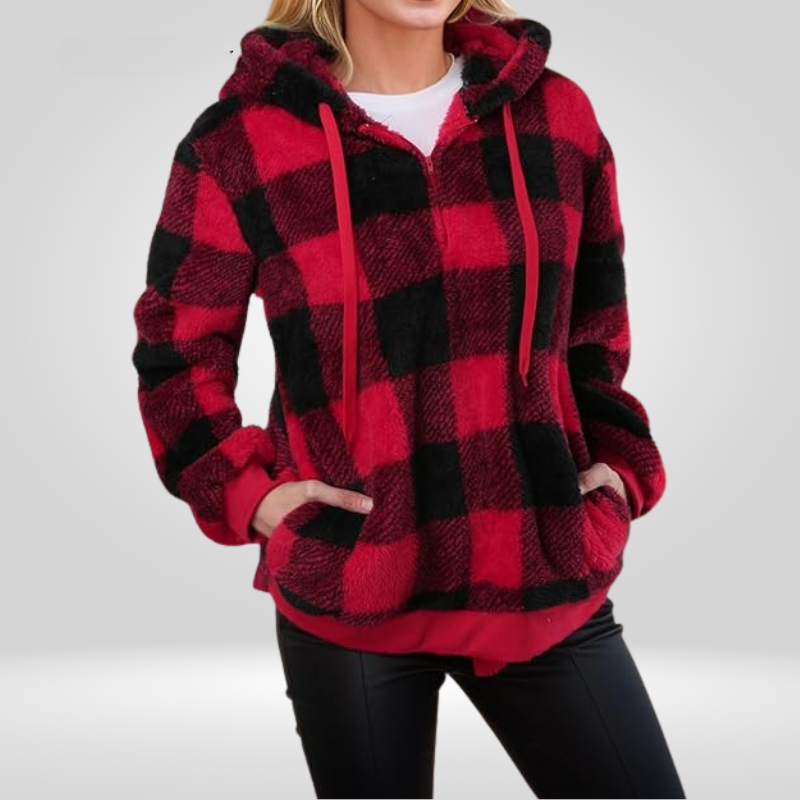 NOUVEAU RICHE Damen Kapuzenpullover Mit Karomuster Bequemer Hoodie Für Freizeitmode Mit Praktischer Kapuze Und Kordelzug Rot