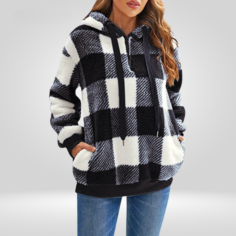 NOUVEAU RICHE Damen Kapuzenpullover Mit Karomuster Bequemer Hoodie Für Freizeitmode Mit Praktischer Kapuze Und Kordelzug Schwarz