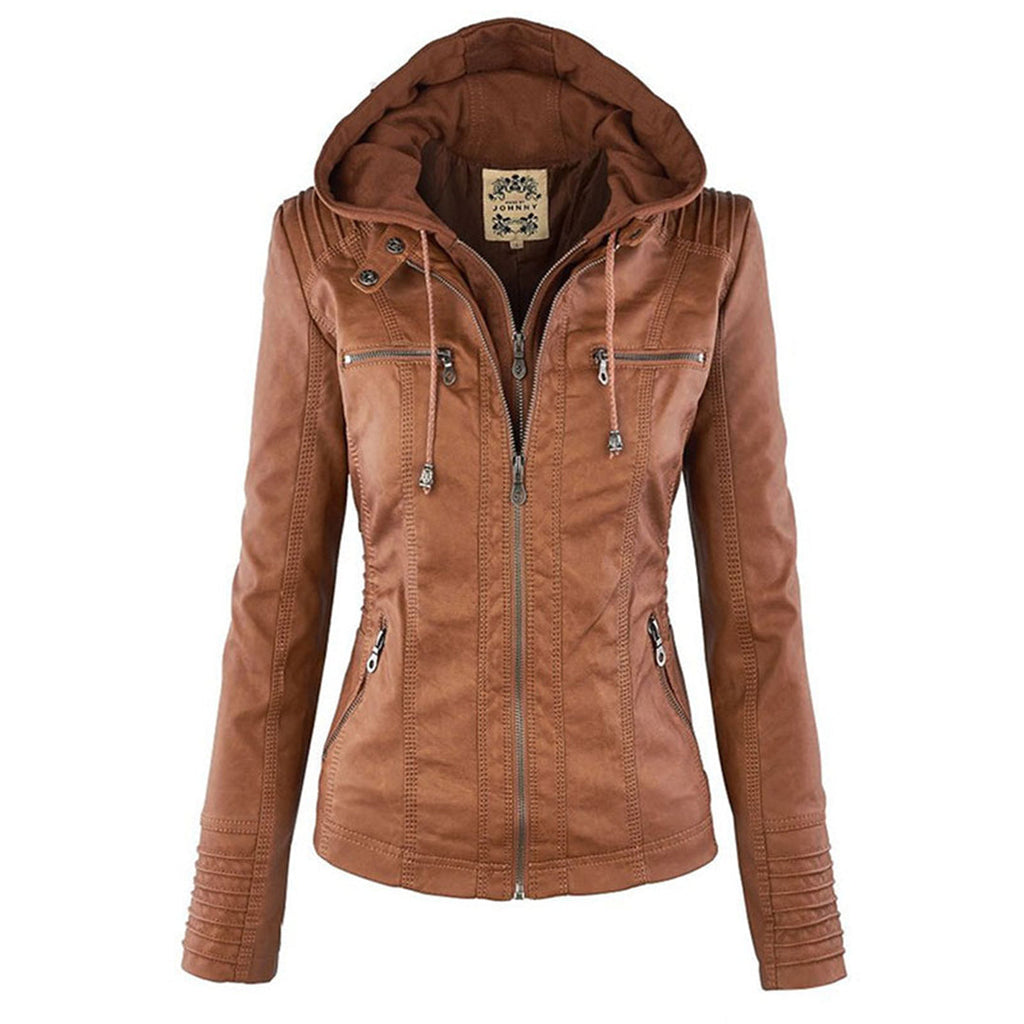 NOUVEAU RICHE Damen Lederjacke Lederoptik Schwarz Größe M Mit Kapuze Khaki