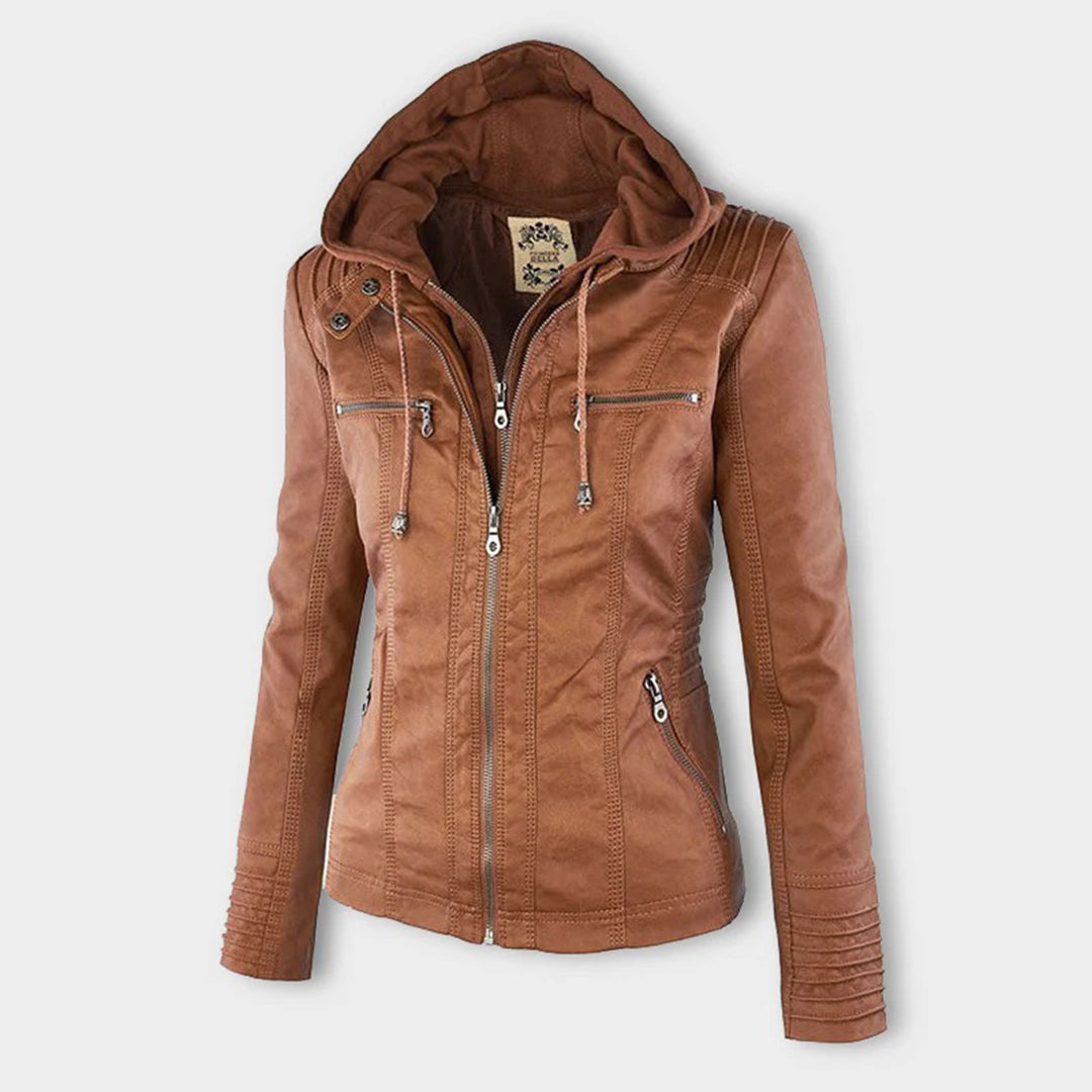 NOUVEAU RICHE Damen Lederjacke Lederoptik Schwarz Größe M Mit Kapuze Khaki XS