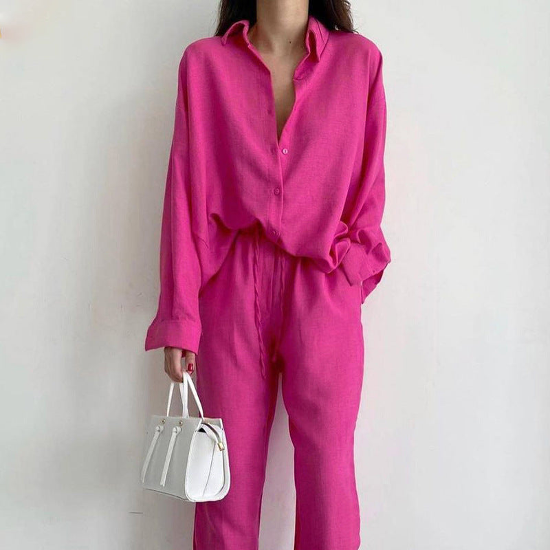 NOUVEAU RICHE Damen Leinen Zweiteiler Set Bluse Und Weite Hose Bequem Rosa