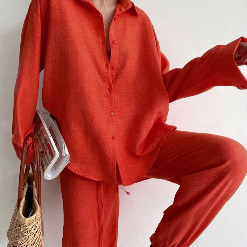 NOUVEAU RICHE Damen Leinen Zweiteiler Set Bluse Und Weite Hose Bequem Orange