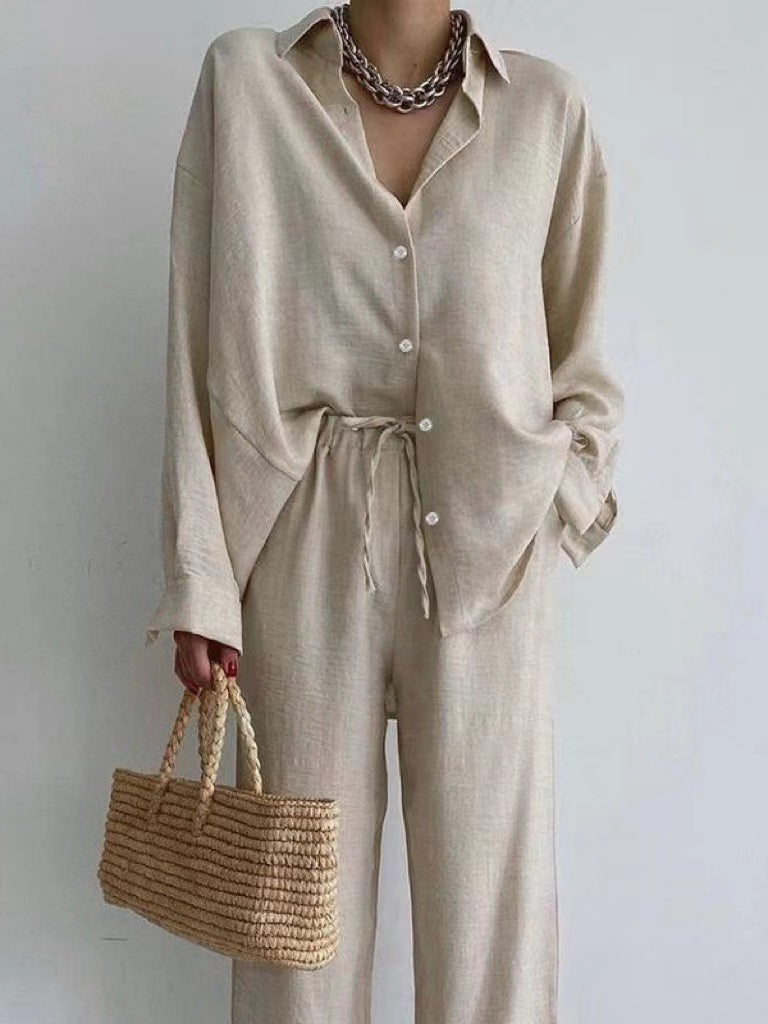 NOUVEAU RICHE Damen Leinen Zweiteiler Set Bluse Und Weite Hose Bequem Beige