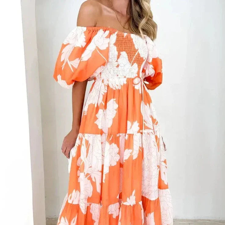 NOUVEAU RICHE Damen Maxikleid Blau Blumenmuster Sommer Fließend Elegant Orange