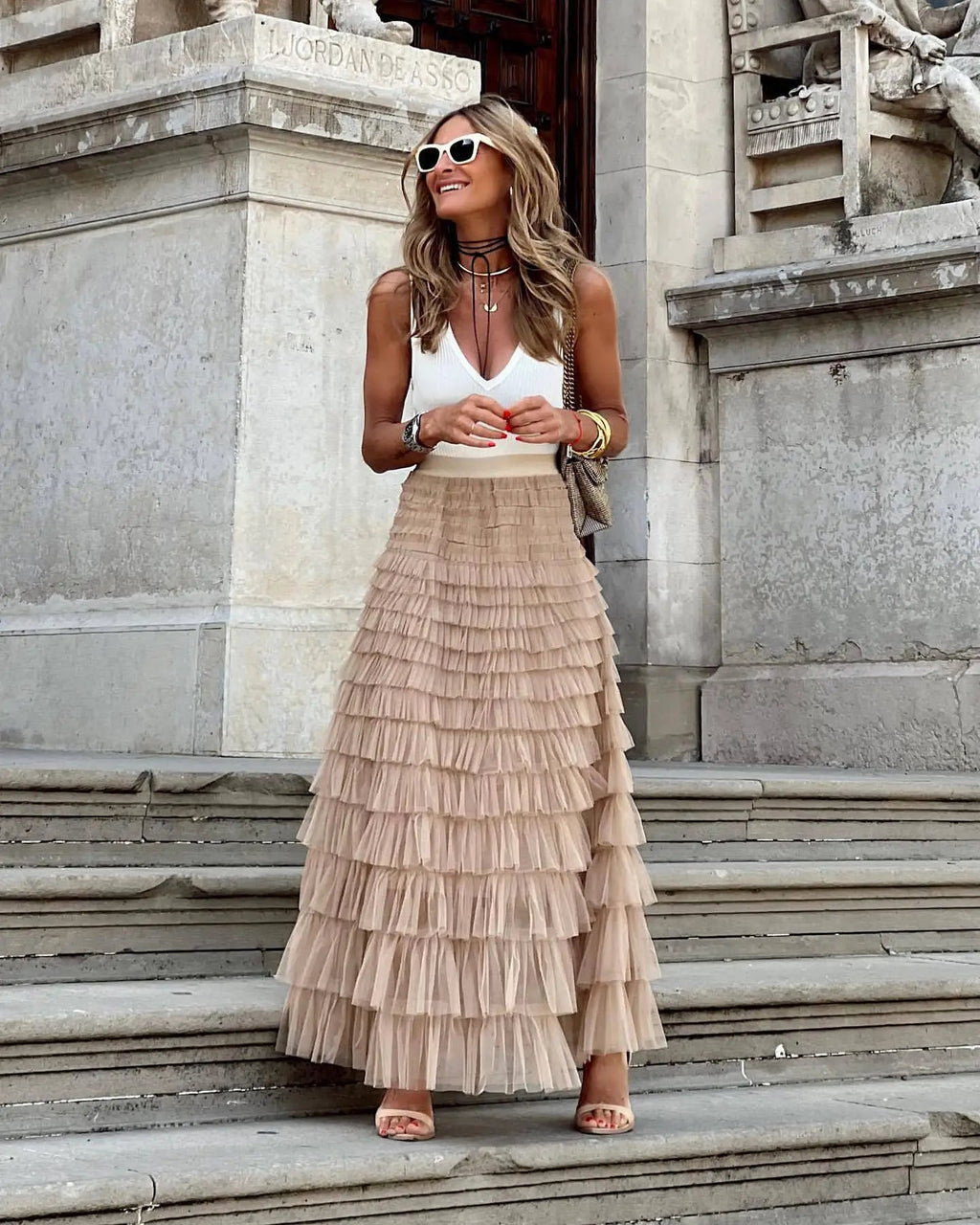 NOUVEAU RICHE Damen Maxirock Mit Stufenmuster Hohe Taille Fließende Rüschenlagen Elegant Und Leicht Für Jedes Anlass Beige
