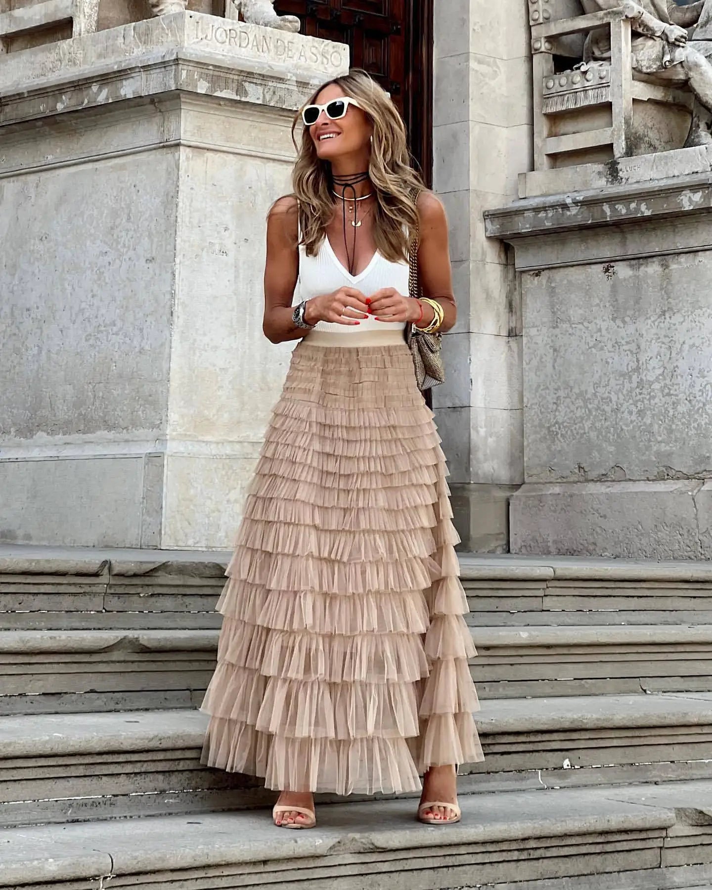 NOUVEAU RICHE Damen Maxirock Mit Stufenmuster Hohe Taille Fließende Rüschenlagen Elegant Und Leicht Für Jedes Anlass Beige