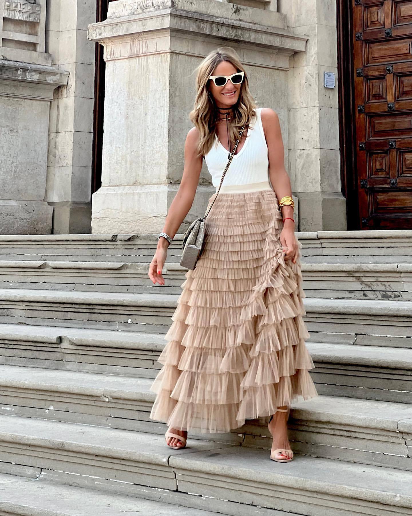 NOUVEAU RICHE Damen Maxirock Mit Stufenmuster Hohe Taille Fließende Rüschenlagen Elegant Und Leicht Für Jedes Anlass