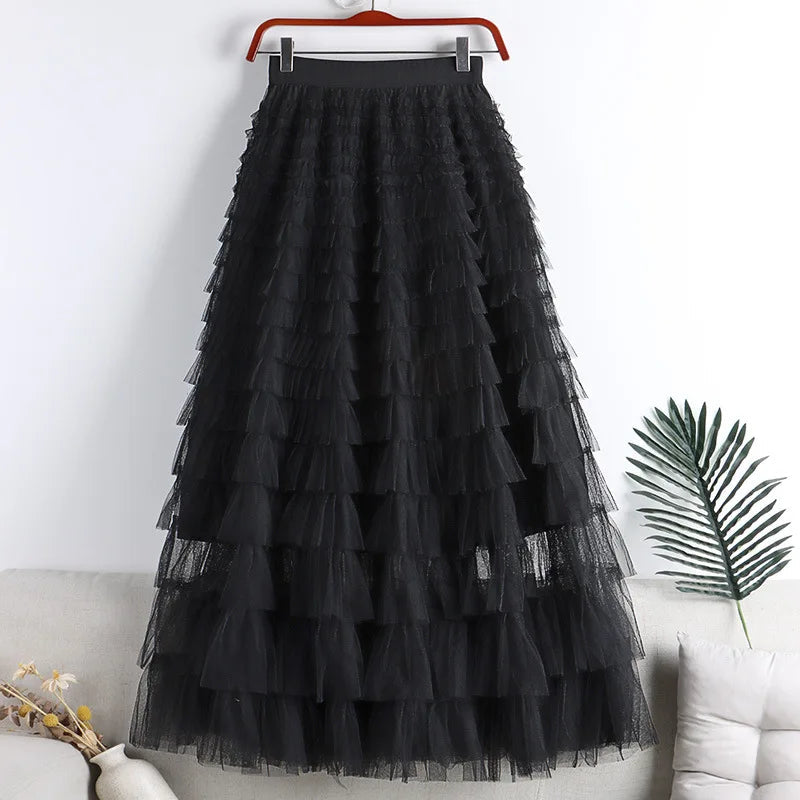 NOUVEAU RICHE Damen Maxirock Mit Stufenmuster Hohe Taille Fließende Rüschenlagen Elegant Und Leicht Für Jedes Anlass