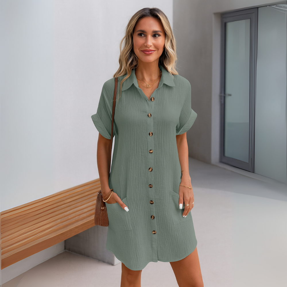 NOUVEAU RICHE Damen Minikleid Kurzarm Knopfleiste Aufgesetzten Taschen Grün