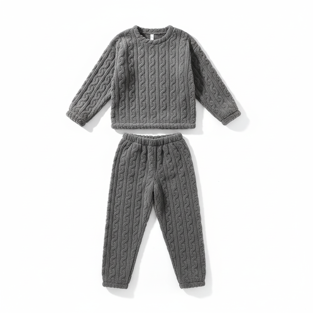 Damen-Pyjama Zweiteiler Set Flauschiger Strick Bequeme Passform Zopfmuster Lange