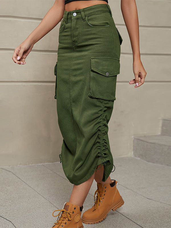NOUVEAU RICHE Damen Jeans Cargo Rock mit Kordelzug an der Seite lässiger Stil elastischer Bund hinten mit 6 Taschen Maschinenwäsche