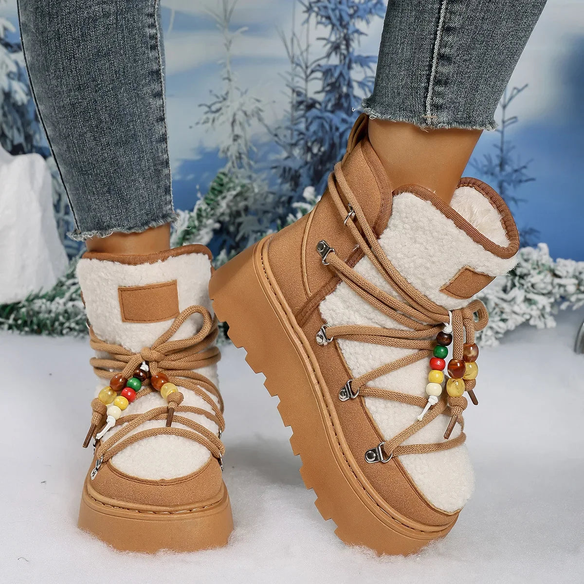 NOUVEAU RICHE Damen-Schneestiefel Große Größe Samtoberfläche Schnalle