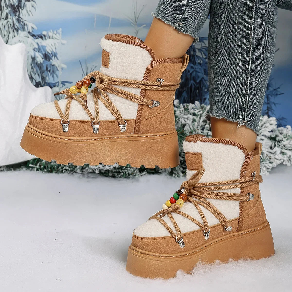 NOUVEAU RICHE Damen-Schneestiefel Große Größe Samtoberfläche Schnalle