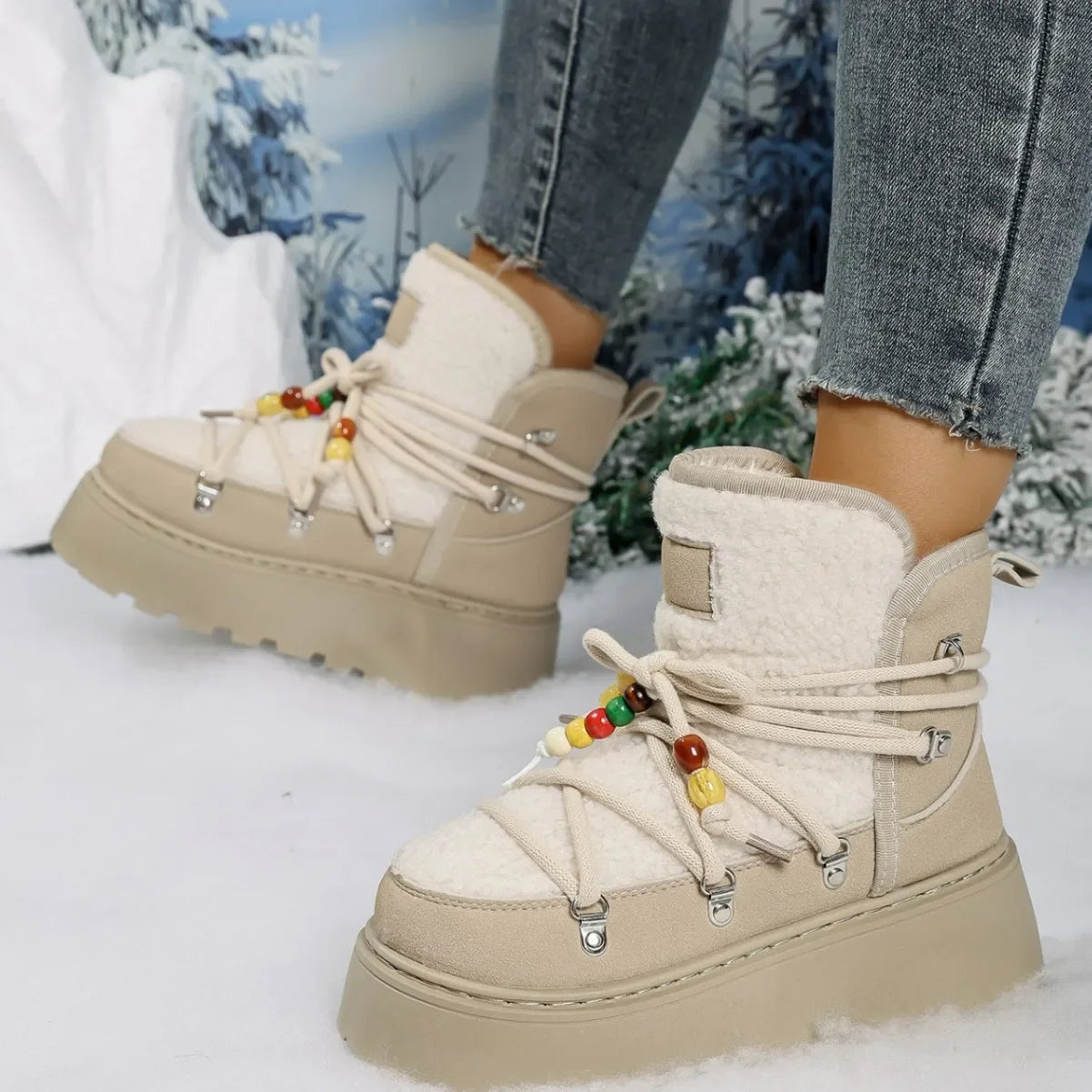 NOUVEAU RICHE Damen-Schneestiefel Große Größe Samtoberfläche Schnalle