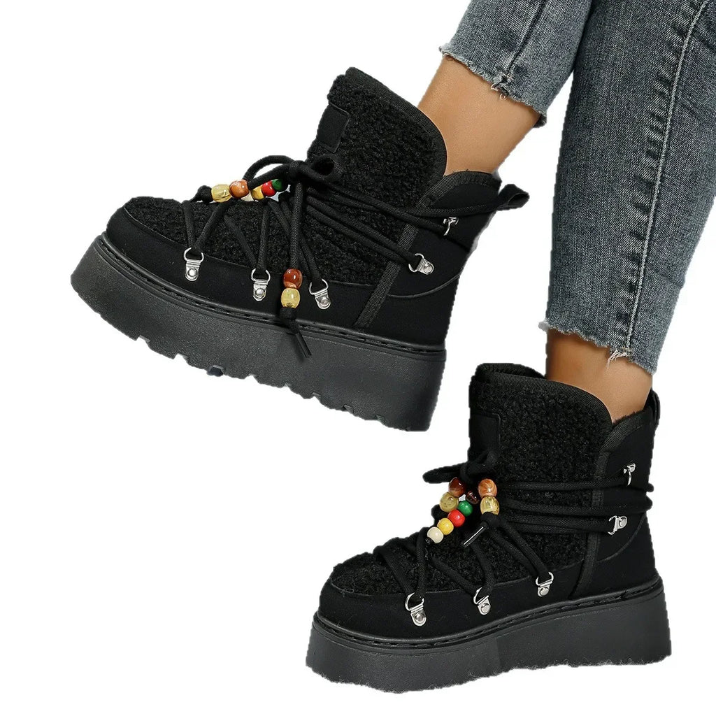 NOUVEAU RICHE Damen-Schneestiefel Große Größe Samtoberfläche Schnalle