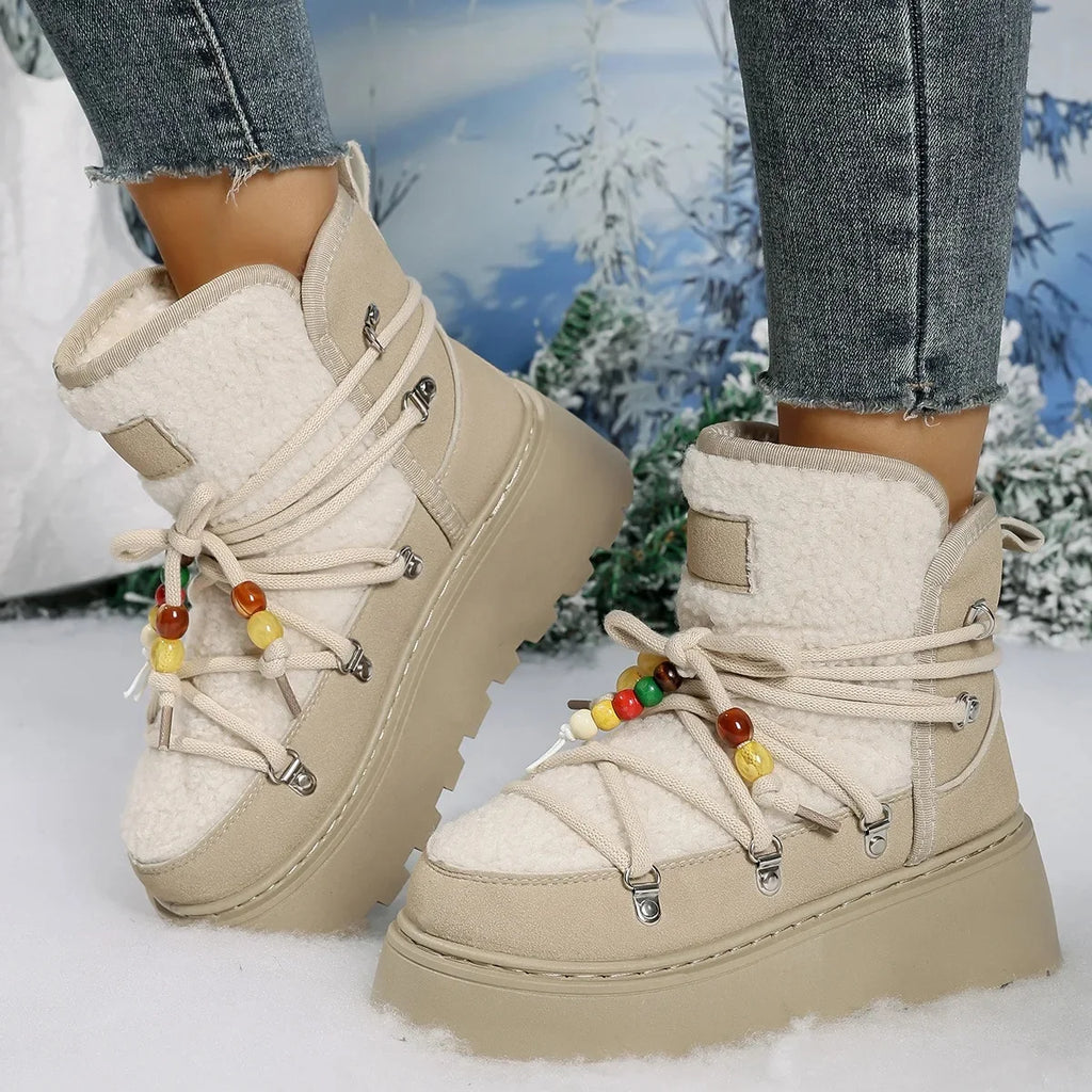NOUVEAU RICHE Damen-Schneestiefel Große Größe Samtoberfläche Schnalle Beige Weiß