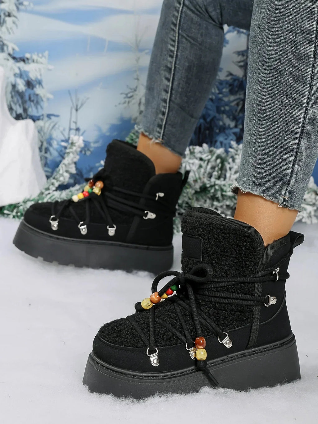 NOUVEAU RICHE Damen-Schneestiefel Große Größe Samtoberfläche Schnalle schwarz