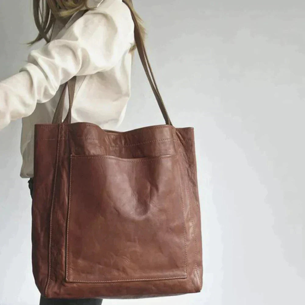 NOUVEAU RICHE Damen Leder Shopper Große Tote Tasche Elegant Alltag Dunkelbraun