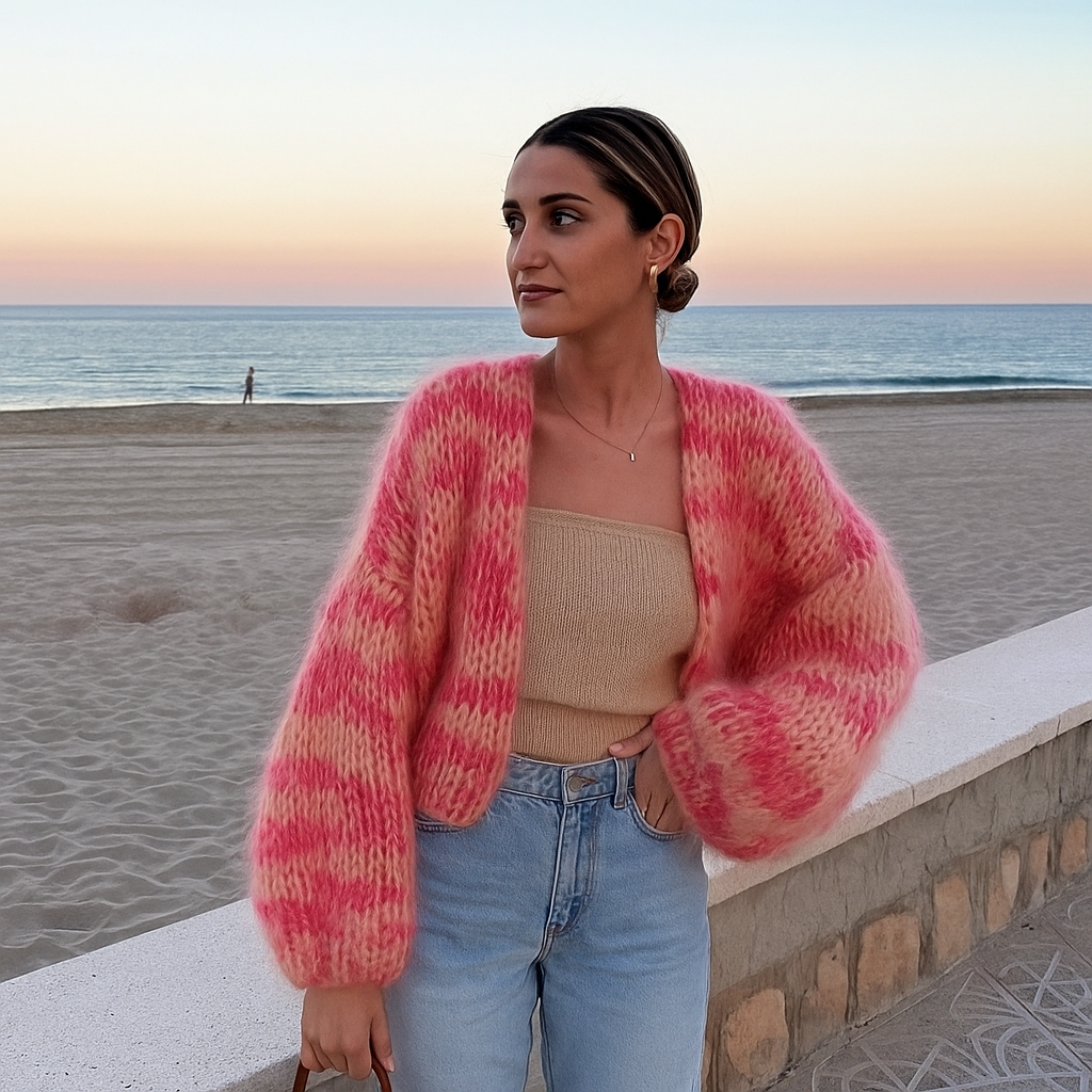 NOUVEAU RICHE Damen Strickjacke Langarm Farbenfroher Cardigan Alltagslook Rosa