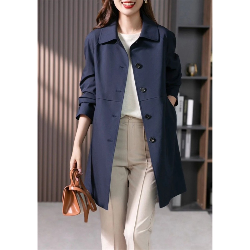 NOUVEAU RICHE Damen-Trenchcoat – Taillierte Passform – Klassischer Kragen – Einreihig – Länge bis zur Mitte des Oberschenkels Dunkelblau