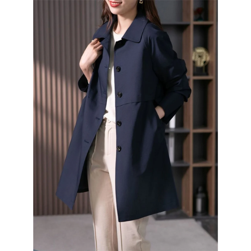 NOUVEAU RICHE Damen-Trenchcoat – Taillierte Passform – Klassischer Kragen – Einreihig – Länge bis zur Mitte des Oberschenkels