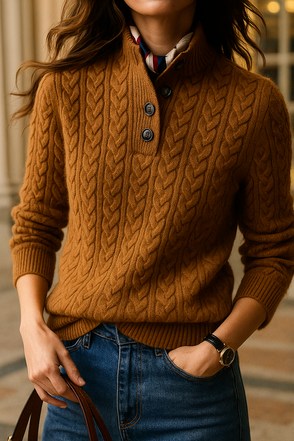 NOUVEAU RICHE Damen-Zopfstrickpullover Mit Knopfleiste Stehkragen Bronze