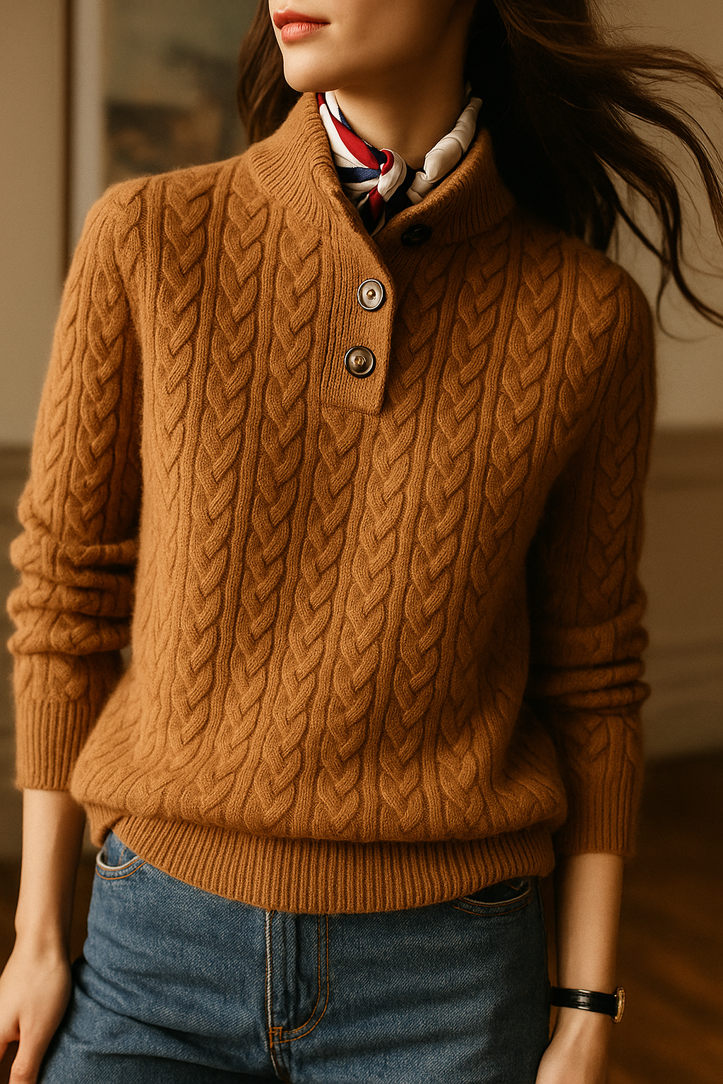 NOUVEAU RICHE Damen-Zopfstrickpullover Mit Knopfleiste Stehkragen