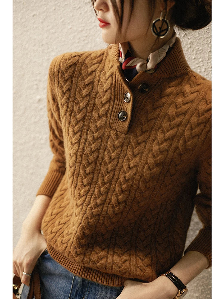NOUVEAU RICHE Damen-Zopfstrickpullover Mit Knopfleiste Stehkragen