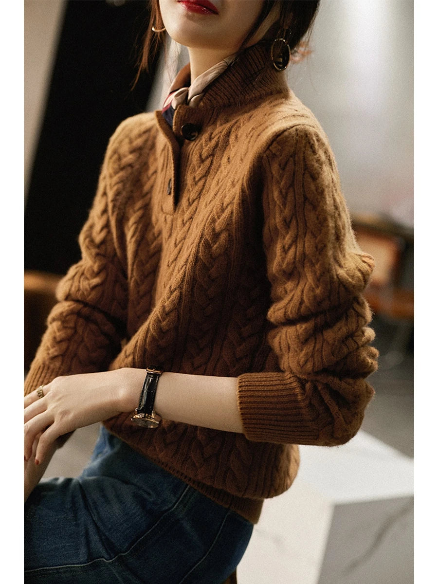 NOUVEAU RICHE Damen-Zopfstrickpullover Mit Knopfleiste Stehkragen