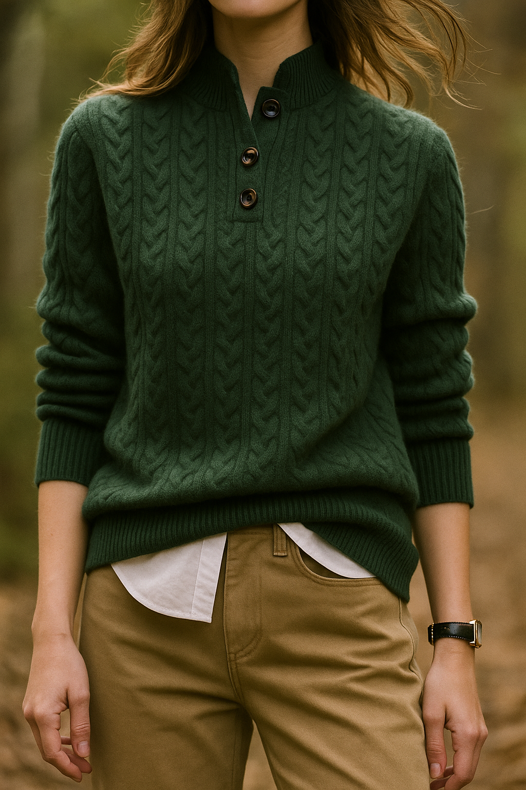 NOUVEAU RICHE Damen-Zopfstrickpullover Mit Knopfleiste Stehkragen Grün