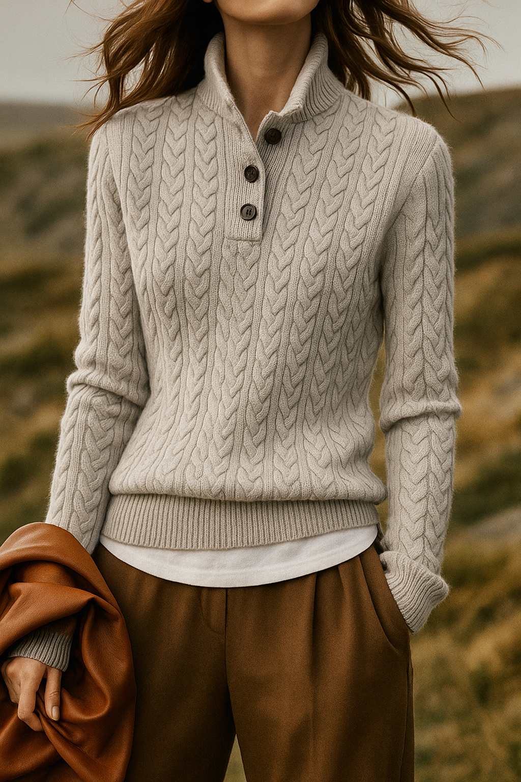 NOUVEAU RICHE Damen-Zopfstrickpullover Mit Knopfleiste Stehkragen Grau
