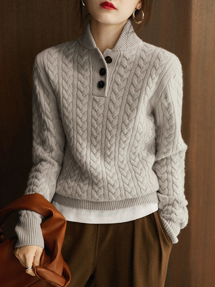 NOUVEAU RICHE Damen-Zopfstrickpullover Mit Knopfleiste Stehkragen