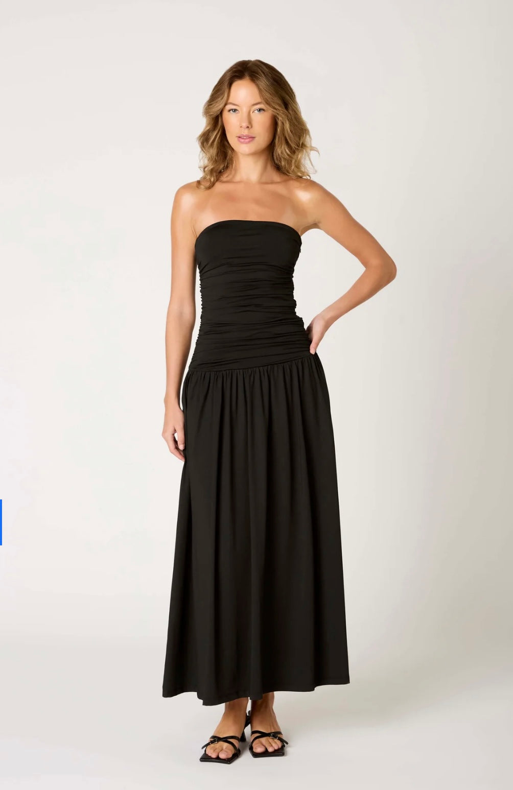 NOUVEAU RICHE Damen Abendkleid Schulterfrei Mit Raffung Am Oberteil Bodenlang Schwarz