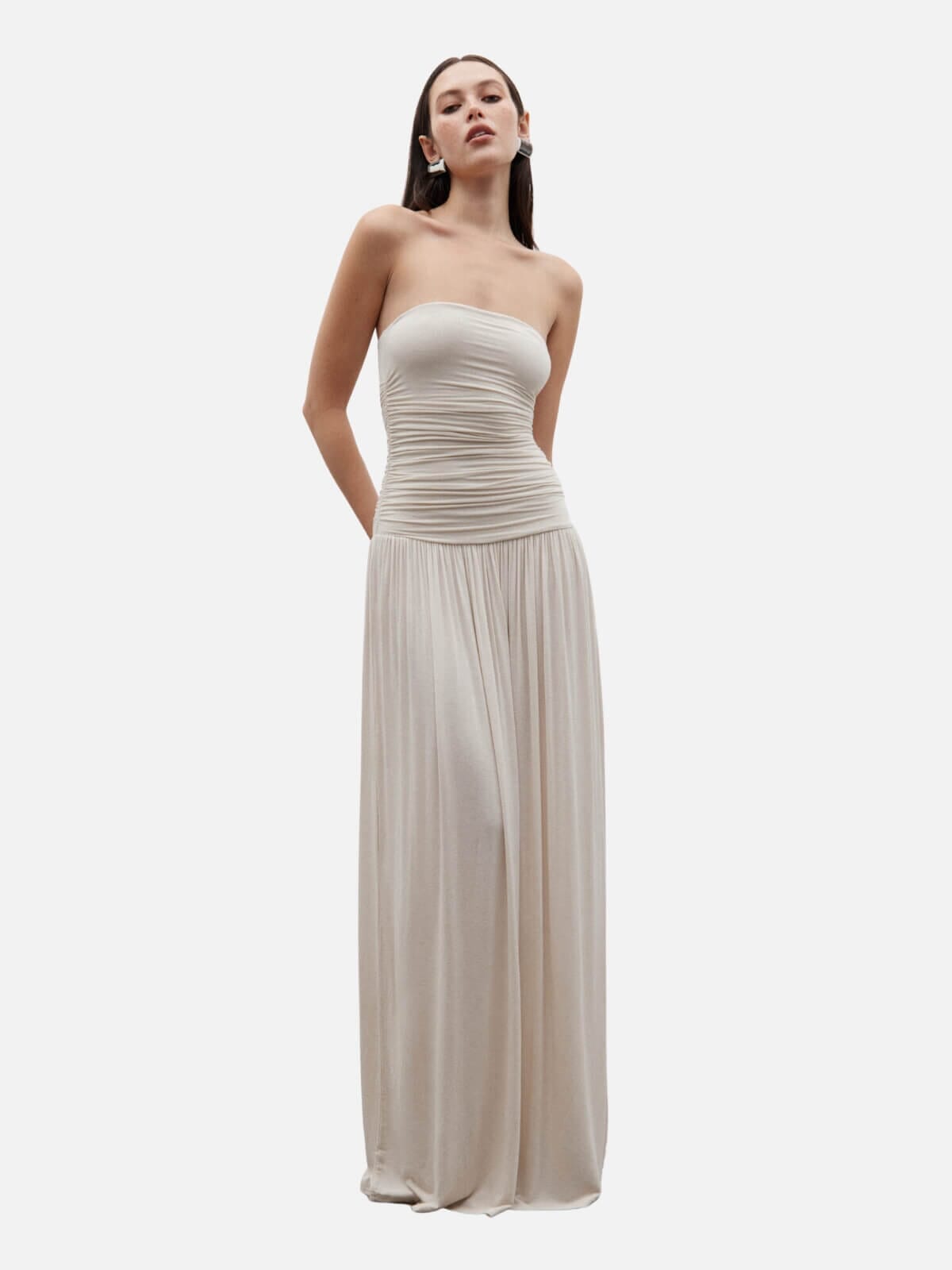 NOUVEAU RICHE Damen Abendkleid Schulterfrei Mit Raffung Am Oberteil Bodenlang