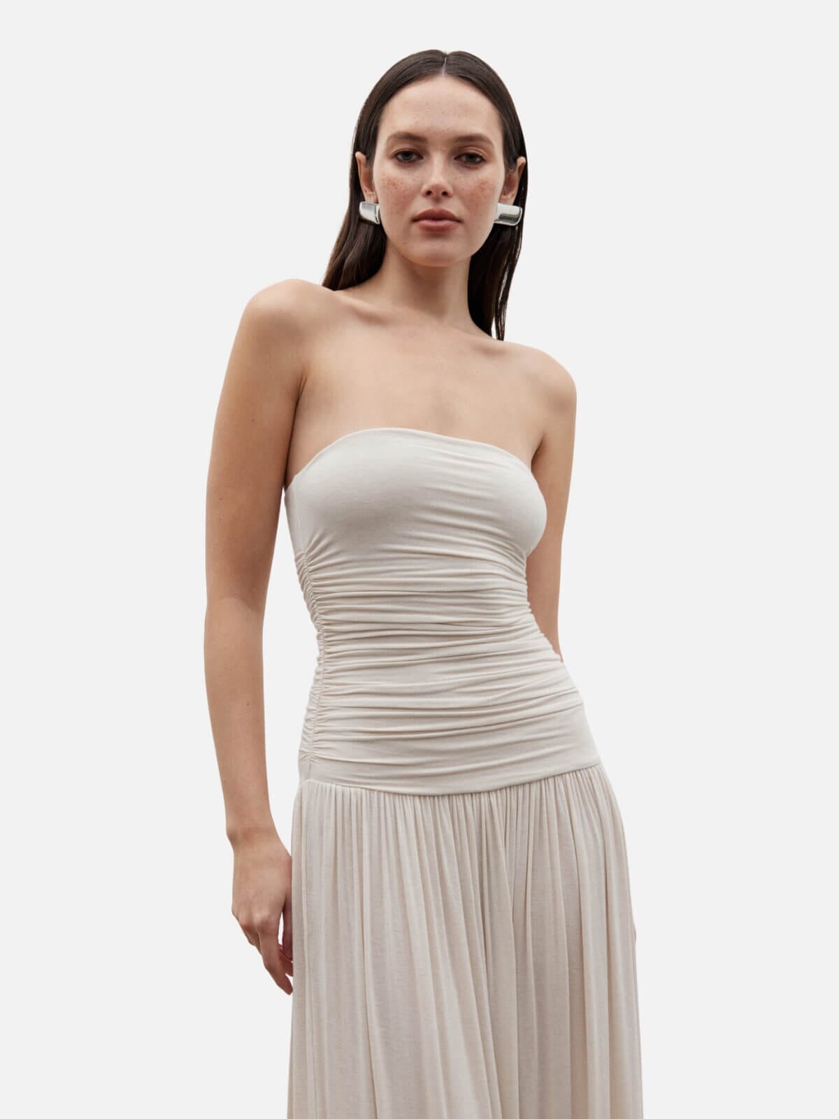 NOUVEAU RICHE Damen Abendkleid Schulterfrei Mit Raffung Am Oberteil Bodenlang