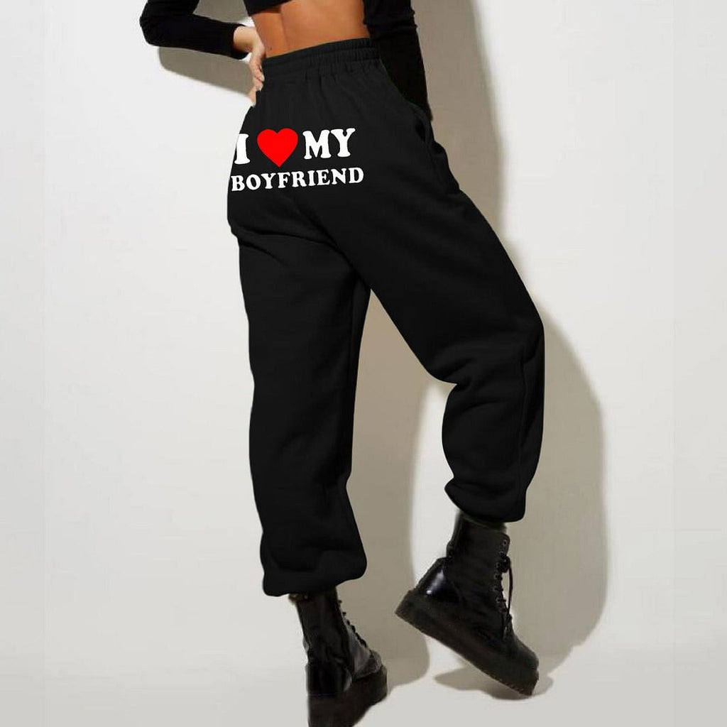 NOUVEAU RICHE Damen Bedruckte Jogginghosen Hohe Taille Weite Passform Schwarz