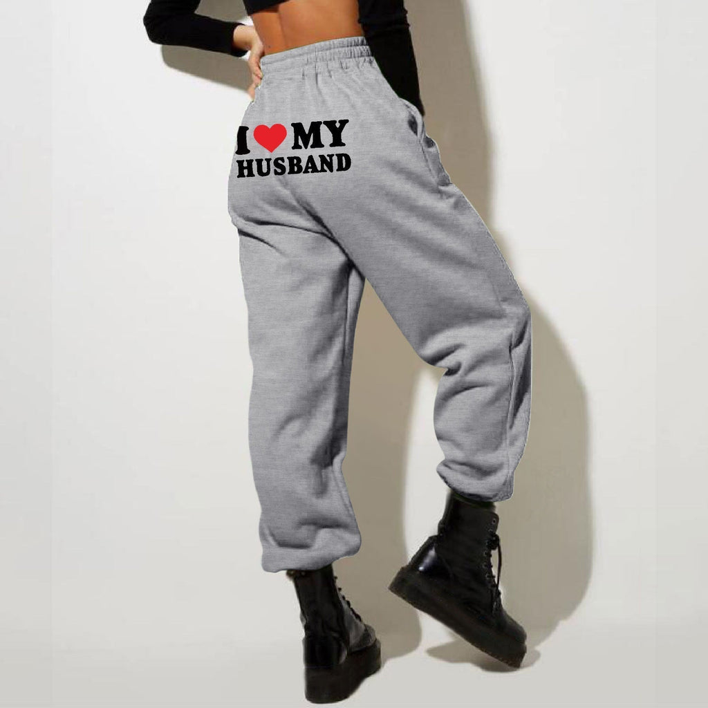 NOUVEAU RICHE Damen Bedruckte Jogginghosen Hohe Taille Weite Passform Grau