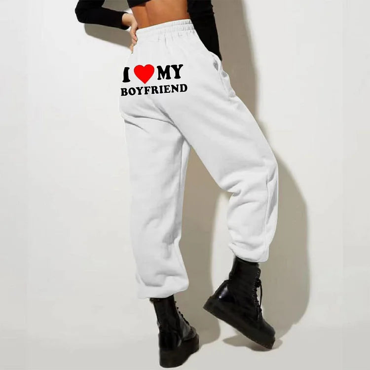 NOUVEAU RICHE Damen Bedruckte Jogginghosen Hohe Taille Weite Passform Weiß