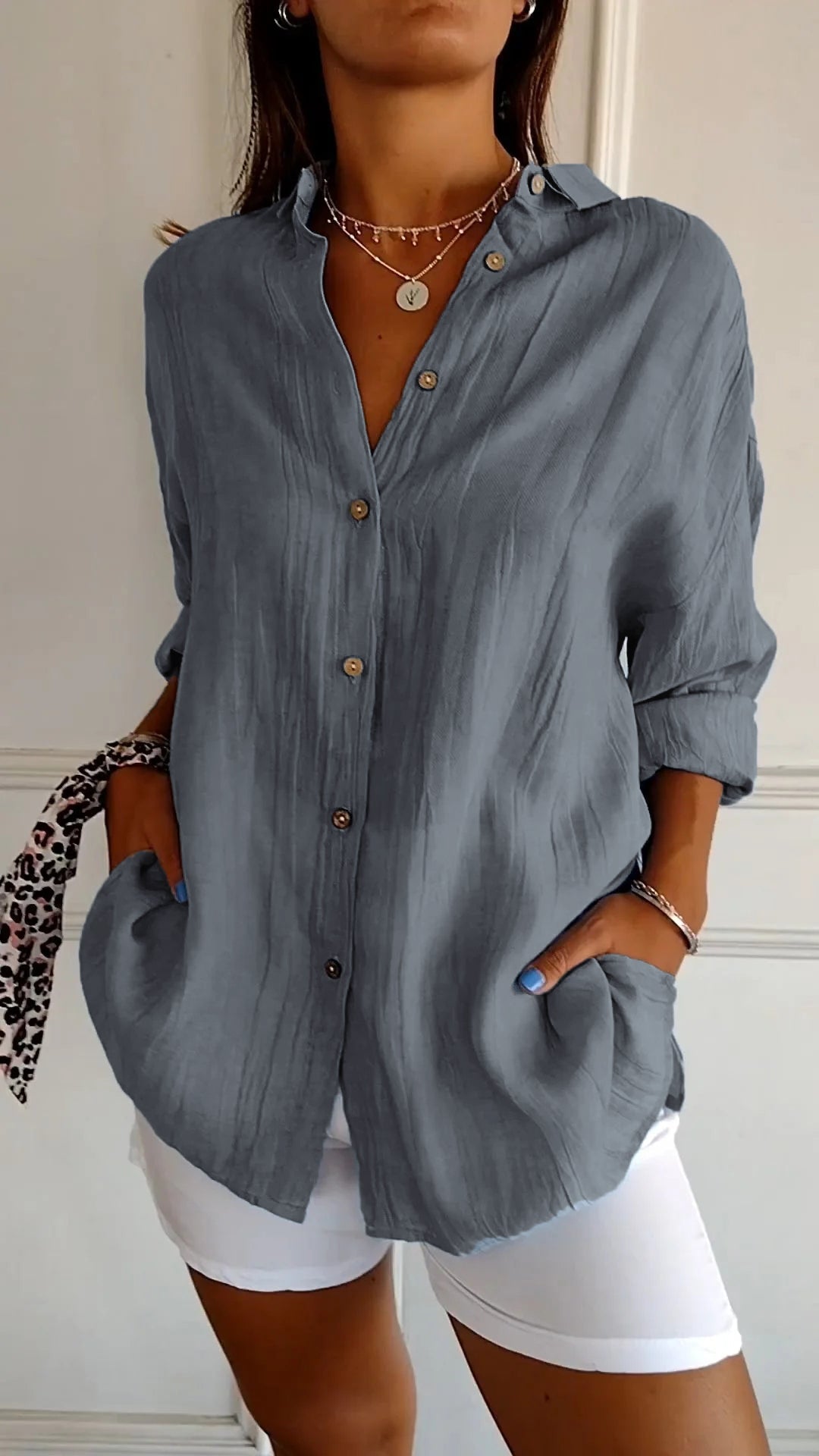 NOUVEAU RICHE Damen Button Down Hemd Leichte Baumwolle Sommerhemd Grau