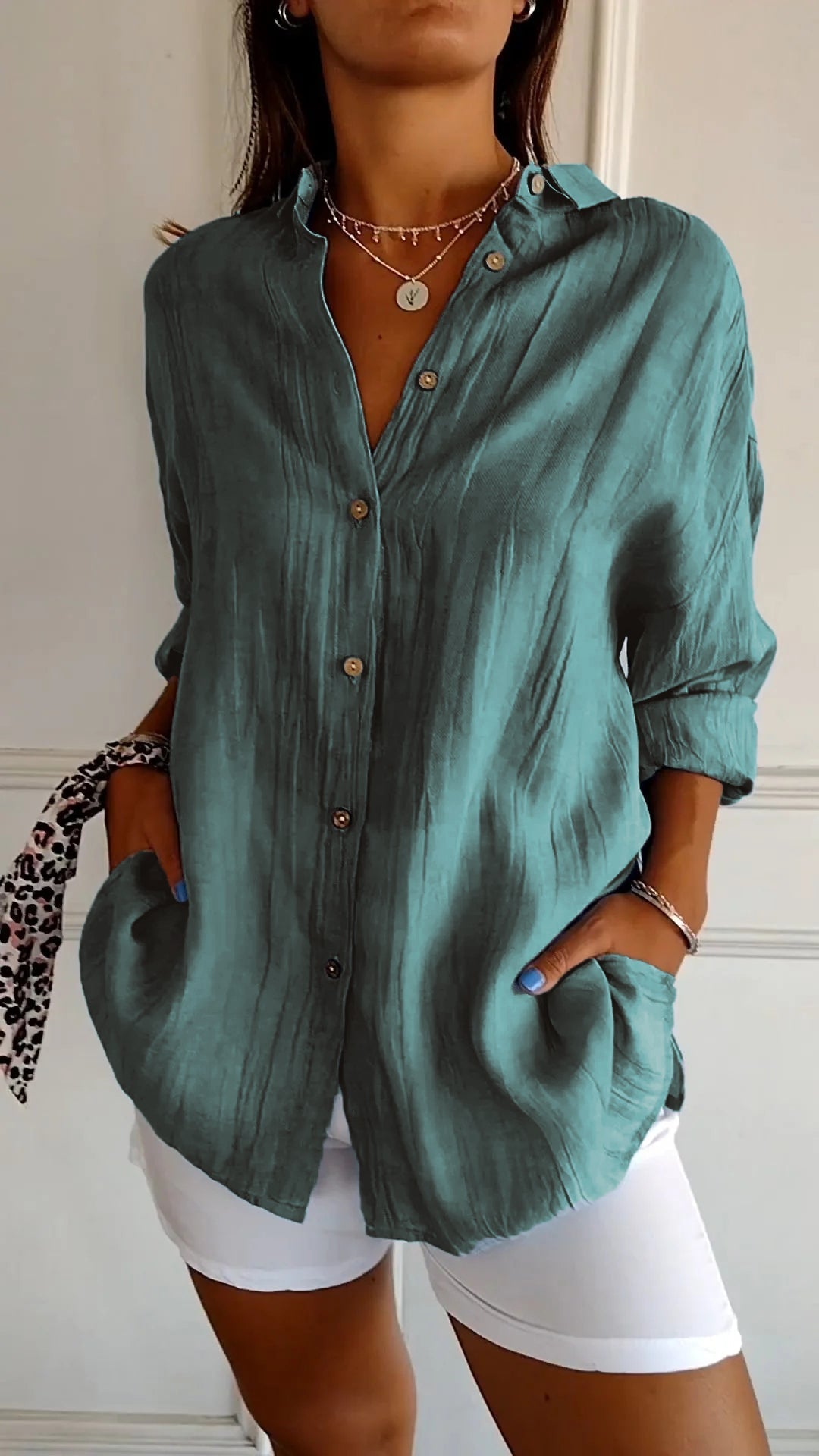 NOUVEAU RICHE Damen Button Down Hemd Leichte Baumwolle Sommerhemd Ozean Grün