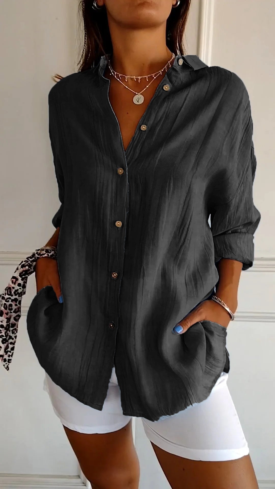 NOUVEAU RICHE Damen Button Down Hemd Leichte Baumwolle Sommerhemd Schwarz