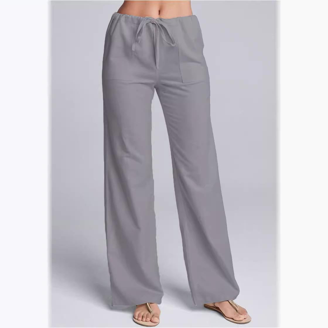 NOUVEAU RICHE Damen Freizeithose Aus Baumwoll-Leinen-Mischgewebe Mit Lockere Passform Kordelzugbund Volle Länge Für Komfort Und Stil Grau