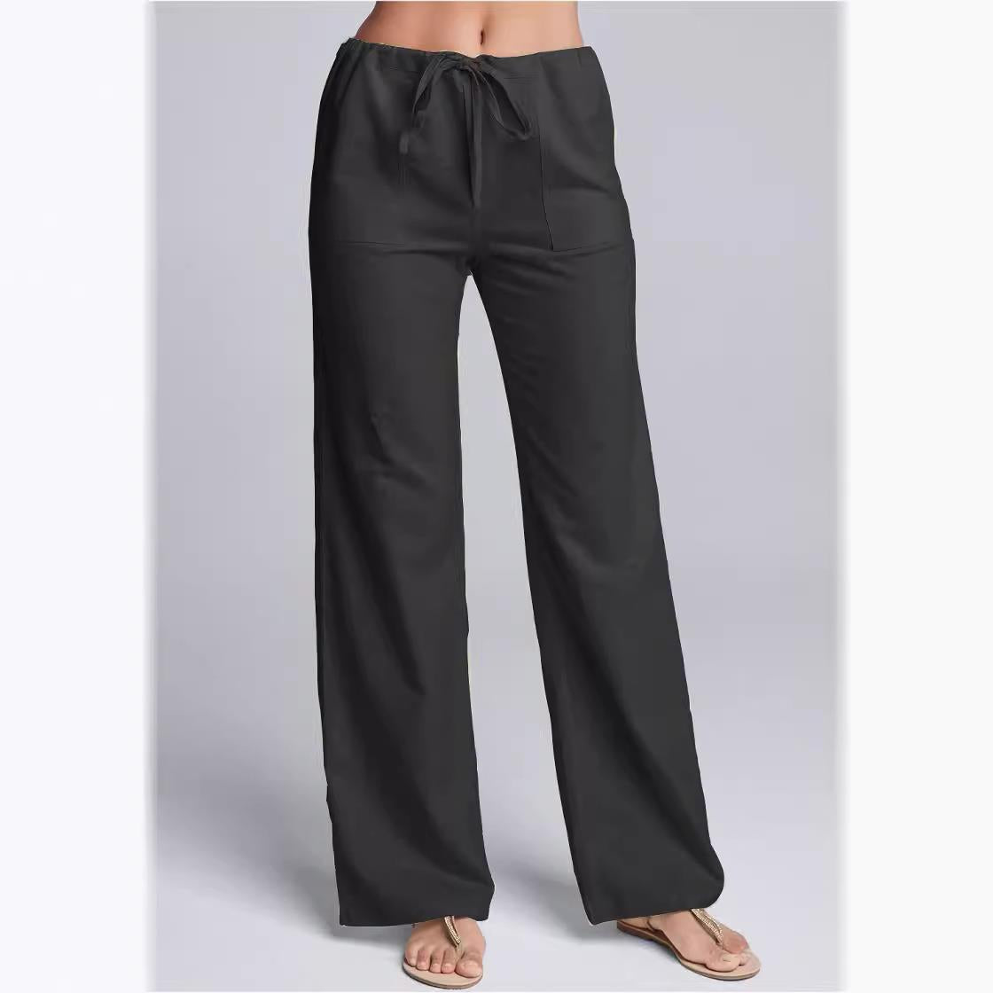 NOUVEAU RICHE Damen Freizeithose Aus Baumwoll-Leinen-Mischgewebe Mit Lockere Passform Kordelzugbund Volle Länge Für Komfort Und Stil Schwarz