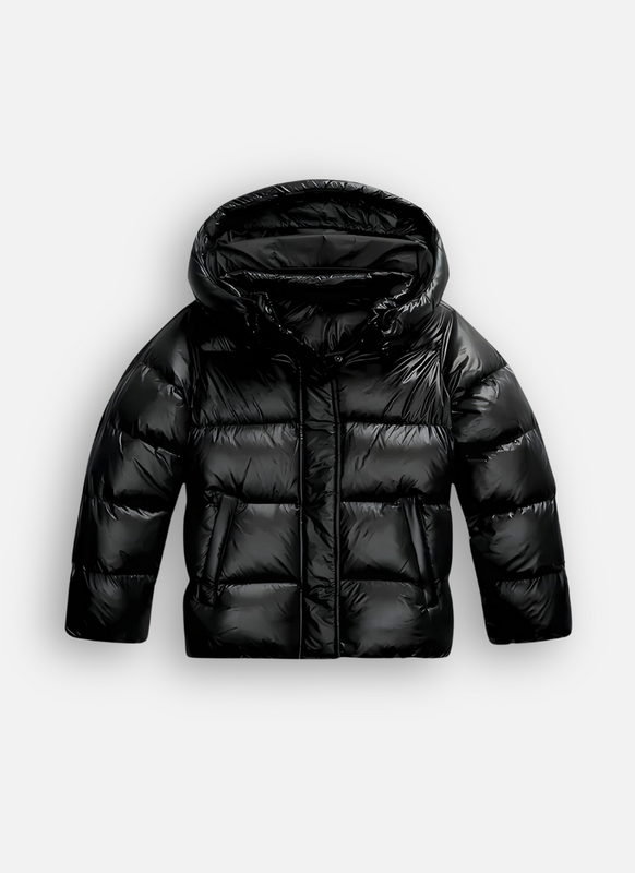 NOUVEAU RICHE Damen Glanz Pufferjacke Mit Kapuze Kurz Modern Stilvoll Für Kalte Tage Schwarz